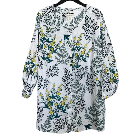 Cynthia Rowley Women’s Sz 1X Leaf/Floral Linen Tunic Top Button Down - Picture 1 of 7